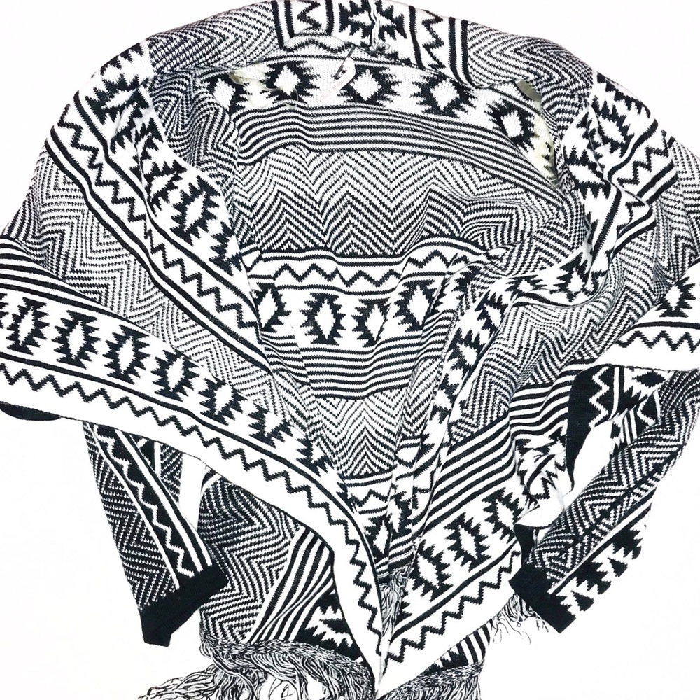Black & White Tribal Fringe Cardigan Sweater